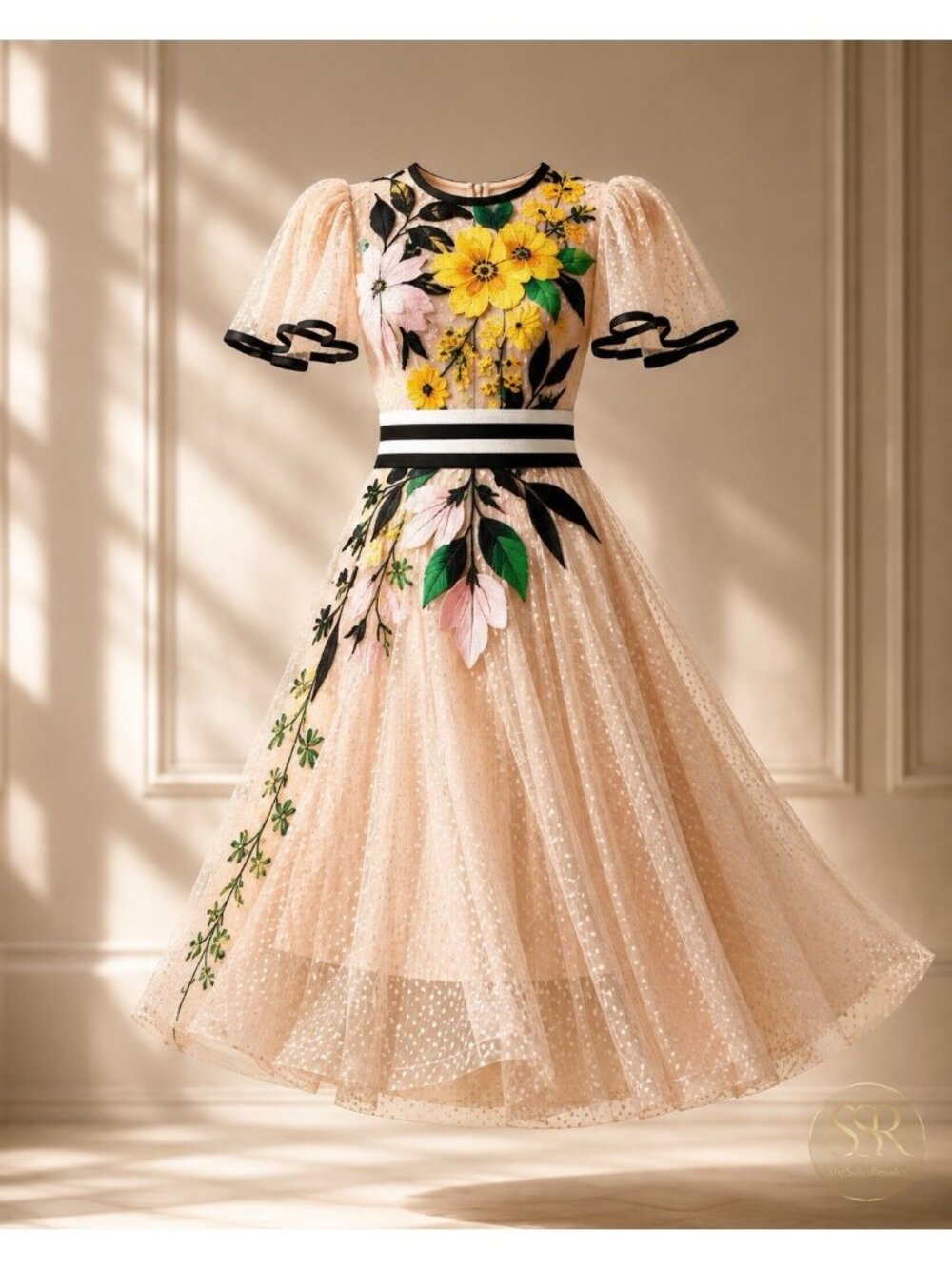 Unbranded  Midi Dress Embroidered Floral Tulle Sequin Flutter Sleeve M